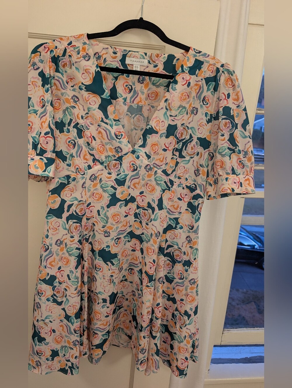 Topshop Floral V-Neck Dress in Teal and Pink